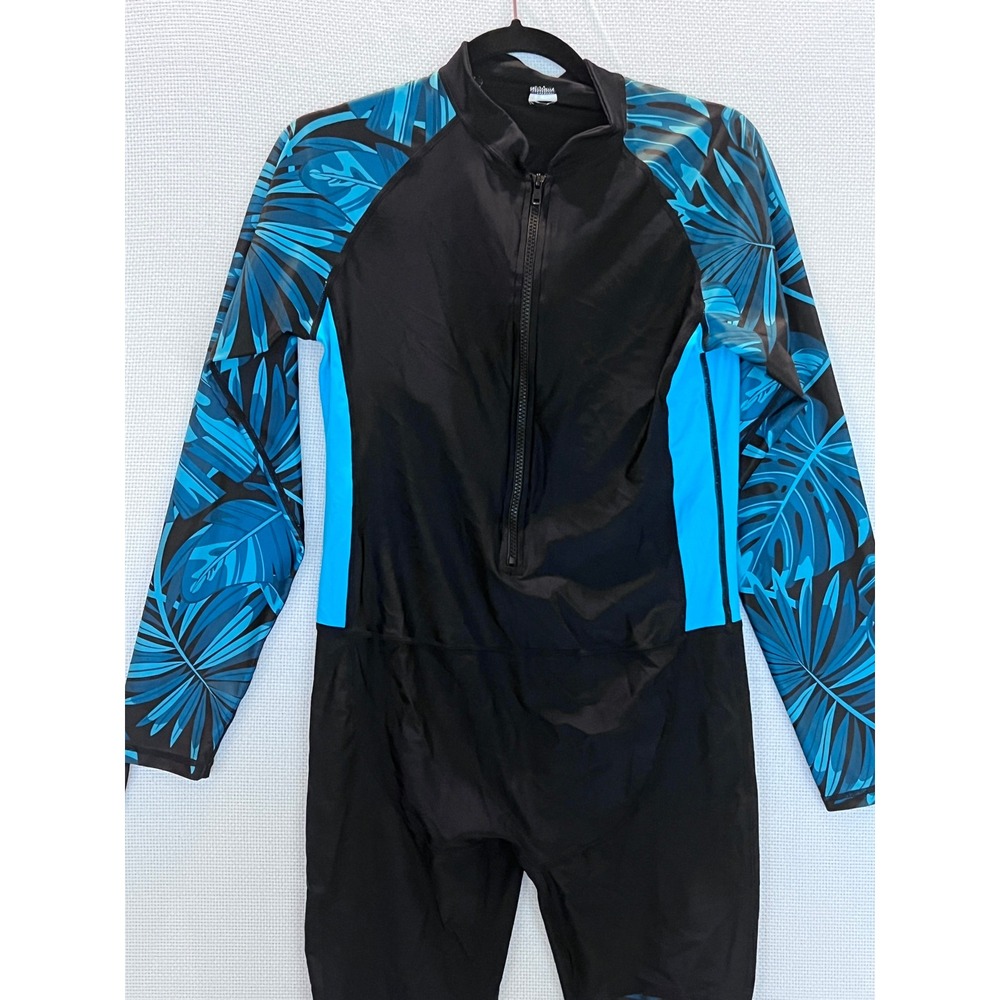 Womens Rash Guard Full Body Swimsuit Blue Palm Leaf Print Surf Suit - Picture 2 of 9